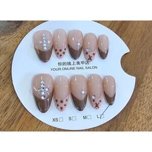 Brown French Tip With Bling, Almond | Press on Nails - Handmade | Sz Large